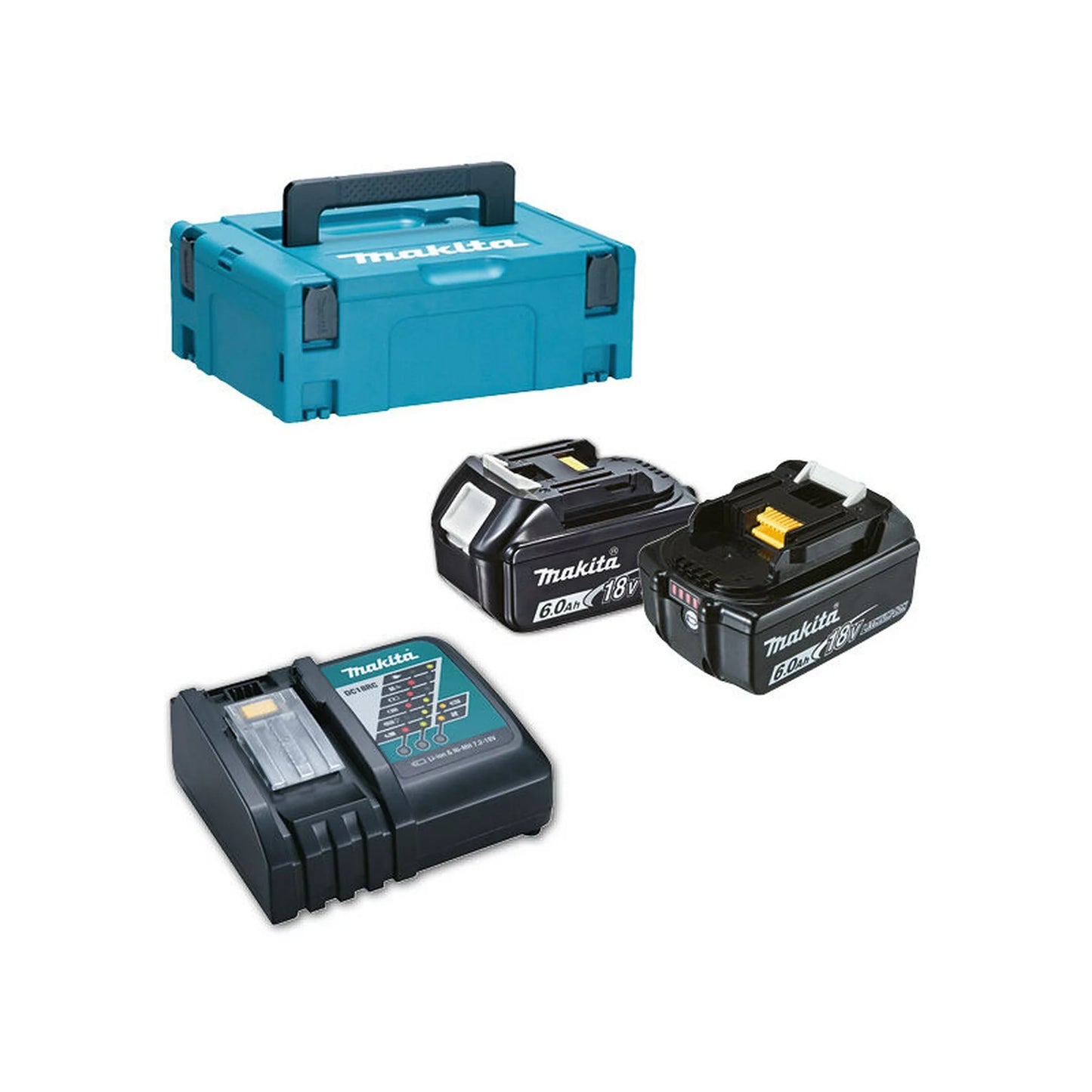 JUEGO DE CARGADOR MAKITA LXT 18V DC18RC + 2 BATERÍAS BL1860B + ESTUCHE MAKPAC 198113-0